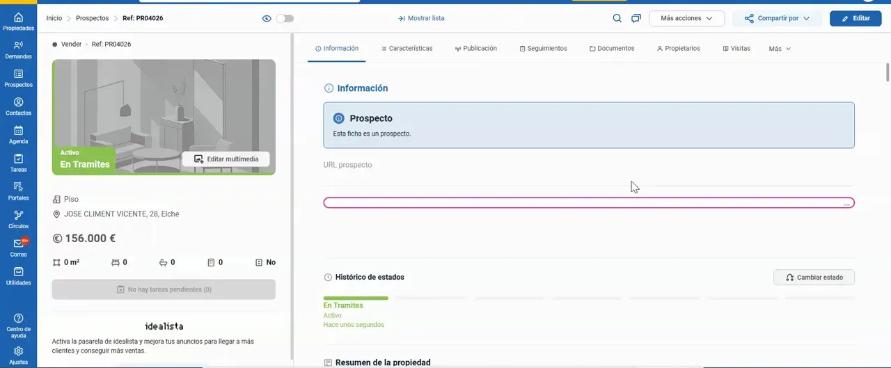 Ficha de prospecto en Inmovilla con sección de información e histórico de estados