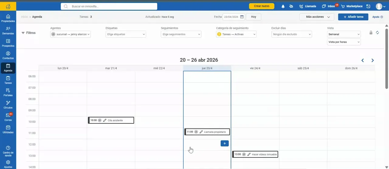 Agenda semanal en Inmovilla mostrando una cita de llamada propietario a las 11:00