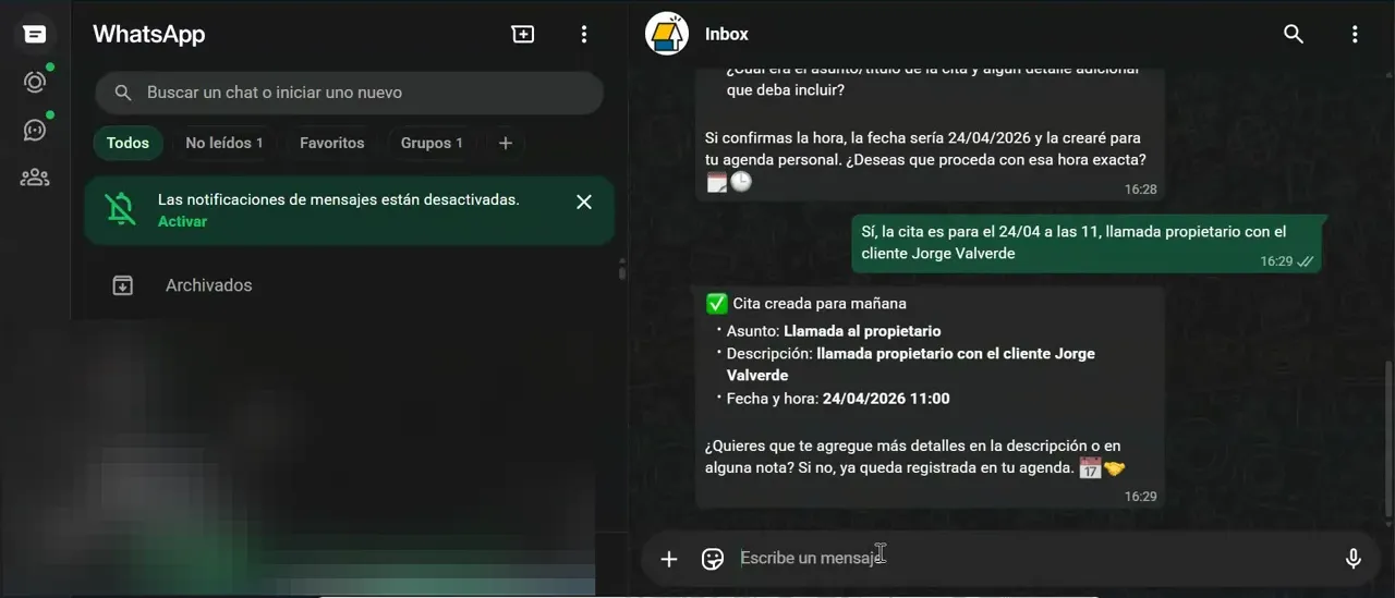 Captura de WhatsApp web mostrando la confirmación de una cita creada por el asistente virtual