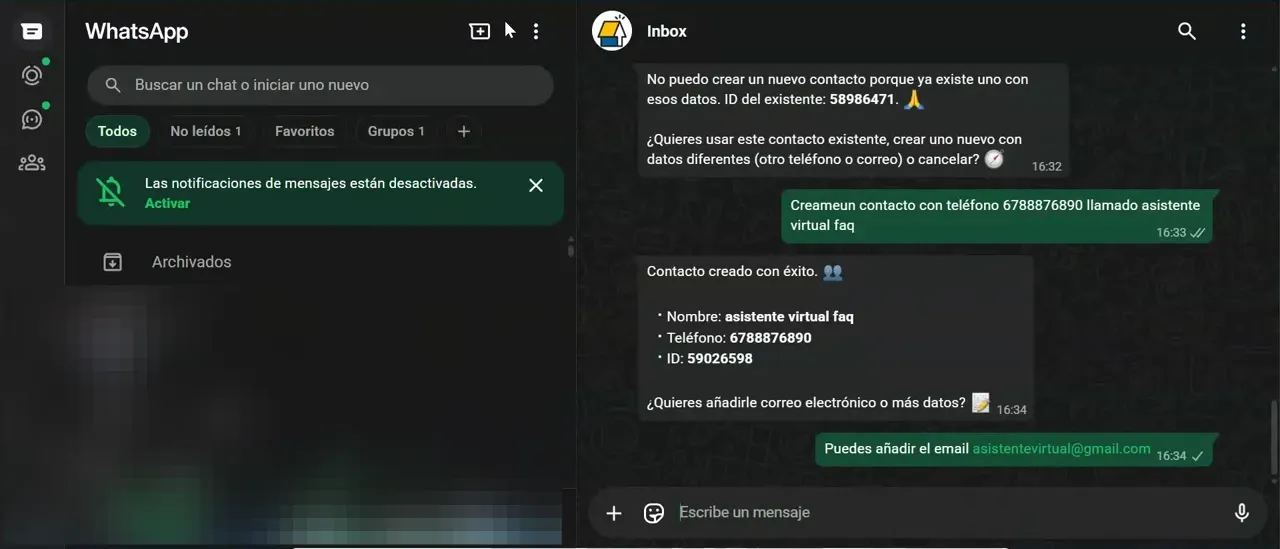 WhatsApp Web con advertencia de duplicidad, creación de contacto y solicitud de email en el asistente virtual