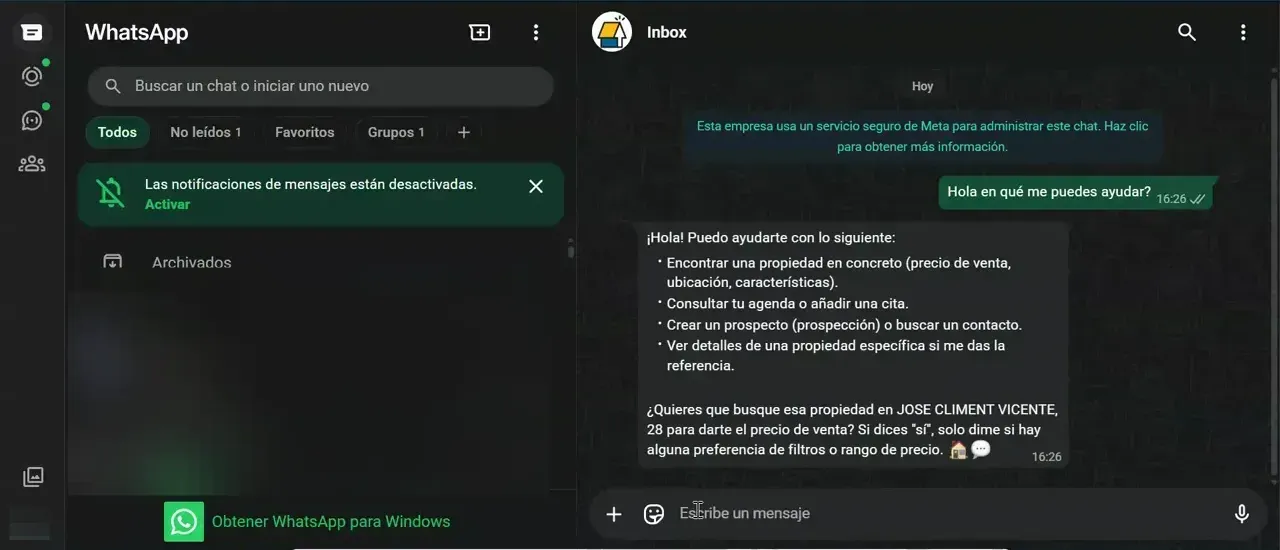 Captura de WhatsApp Web donde el asistente virtual de Inmovilla muestra una lista de funciones disponibles al pedir ayuda