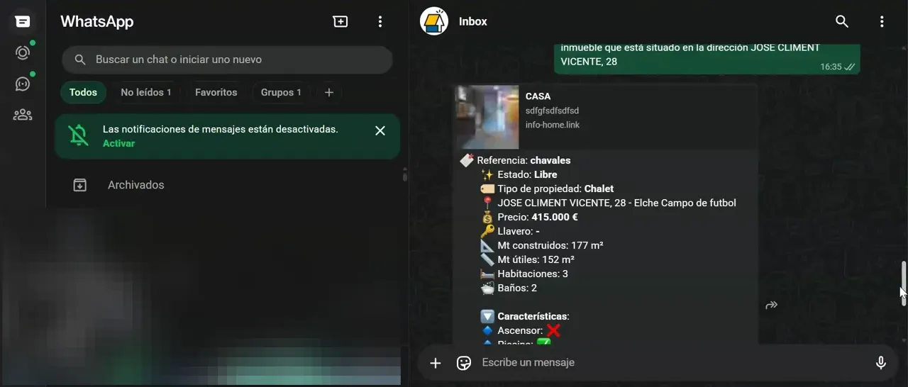 Captura del asistente de WhatsApp mostrando la información del inmueble y el precio de 415.000 €