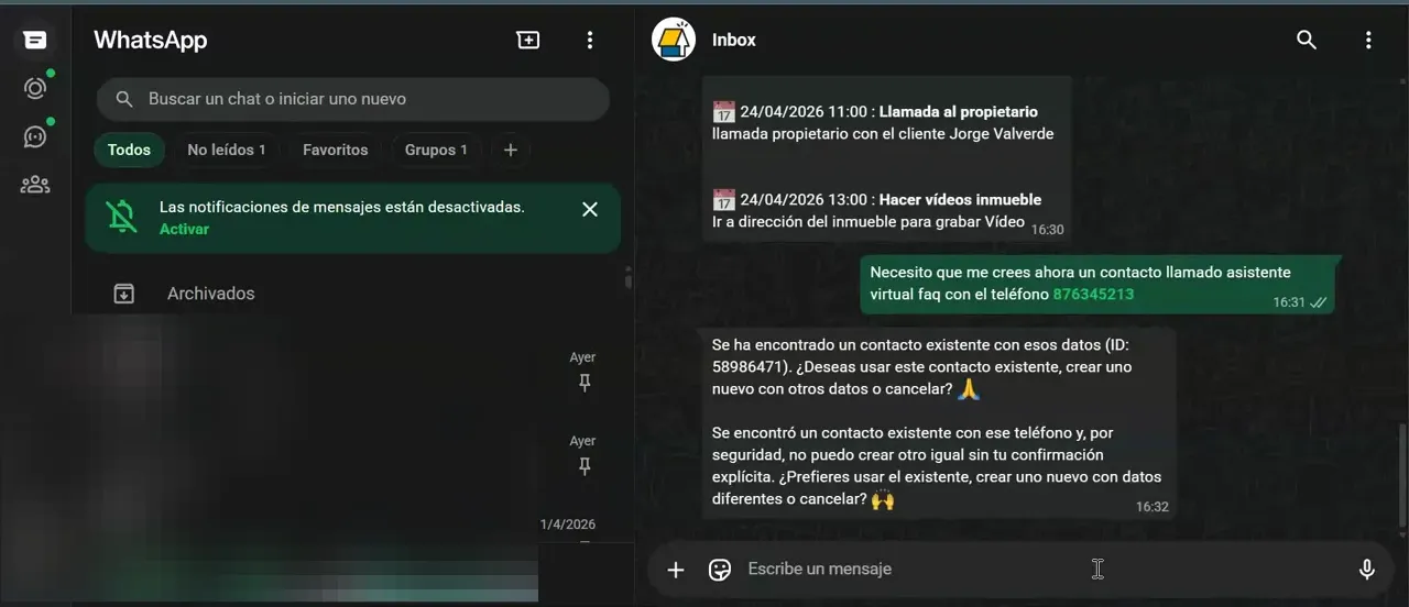 Captura de WhatsApp donde el asistente virtual informa que ya existe un contacto con el mismo teléfono y pregunta cómo proceder