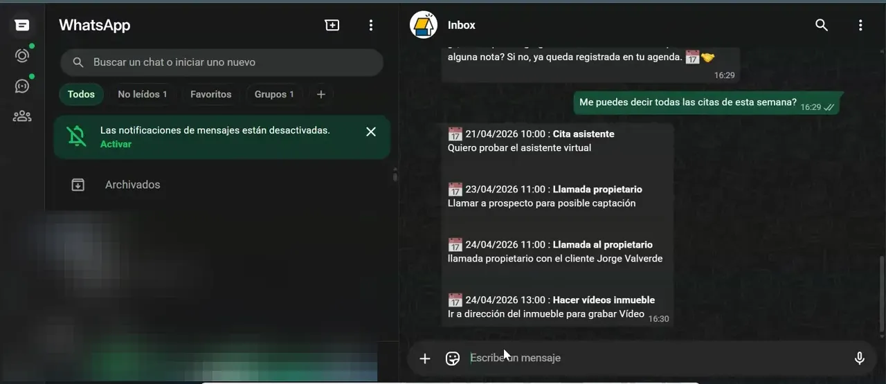 Conversación en WhatsApp mostrando todas las citas de la semana del asistente virtual