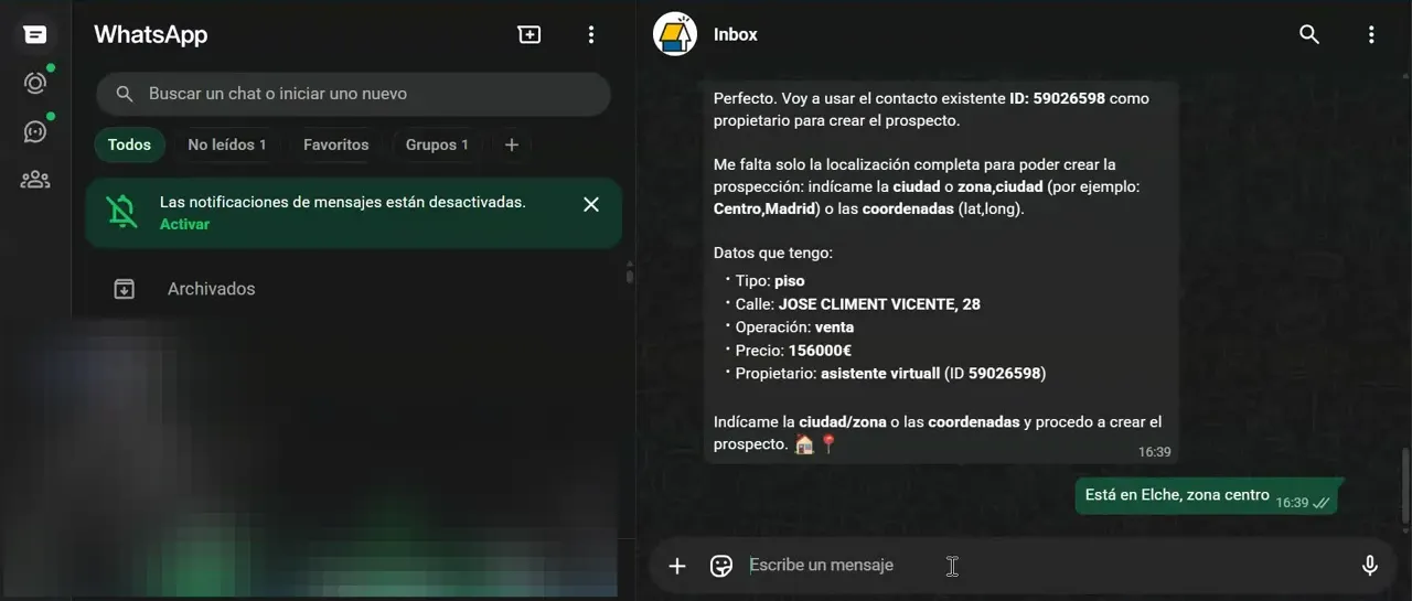 WhatsApp web: el asistente virtual crea prospecto al recibir la ciudad o zona (Elche, zona centro)