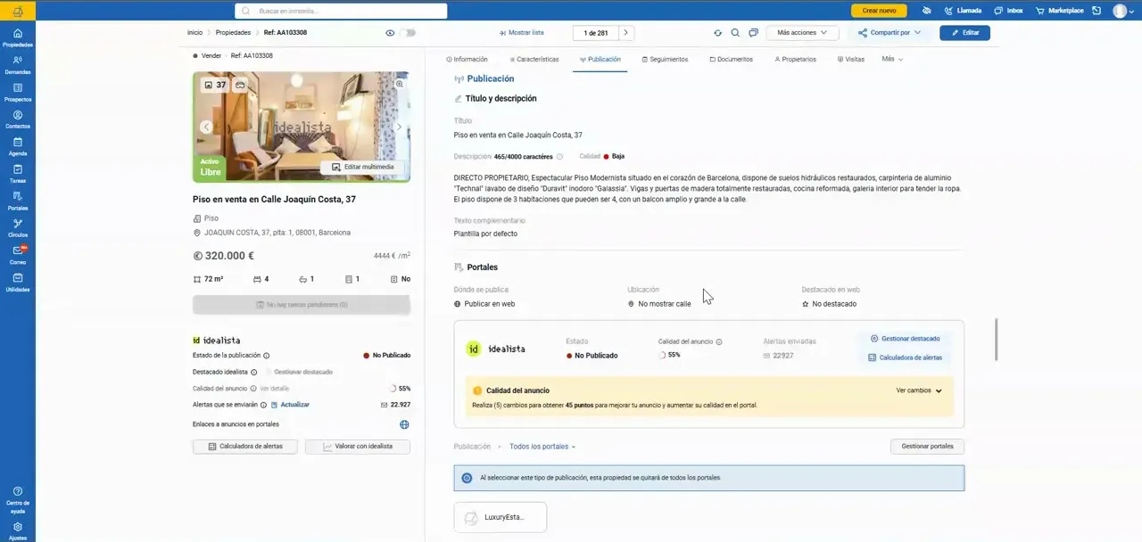 Ficha de propiedad con campos de título, descripción y opciones de publicación