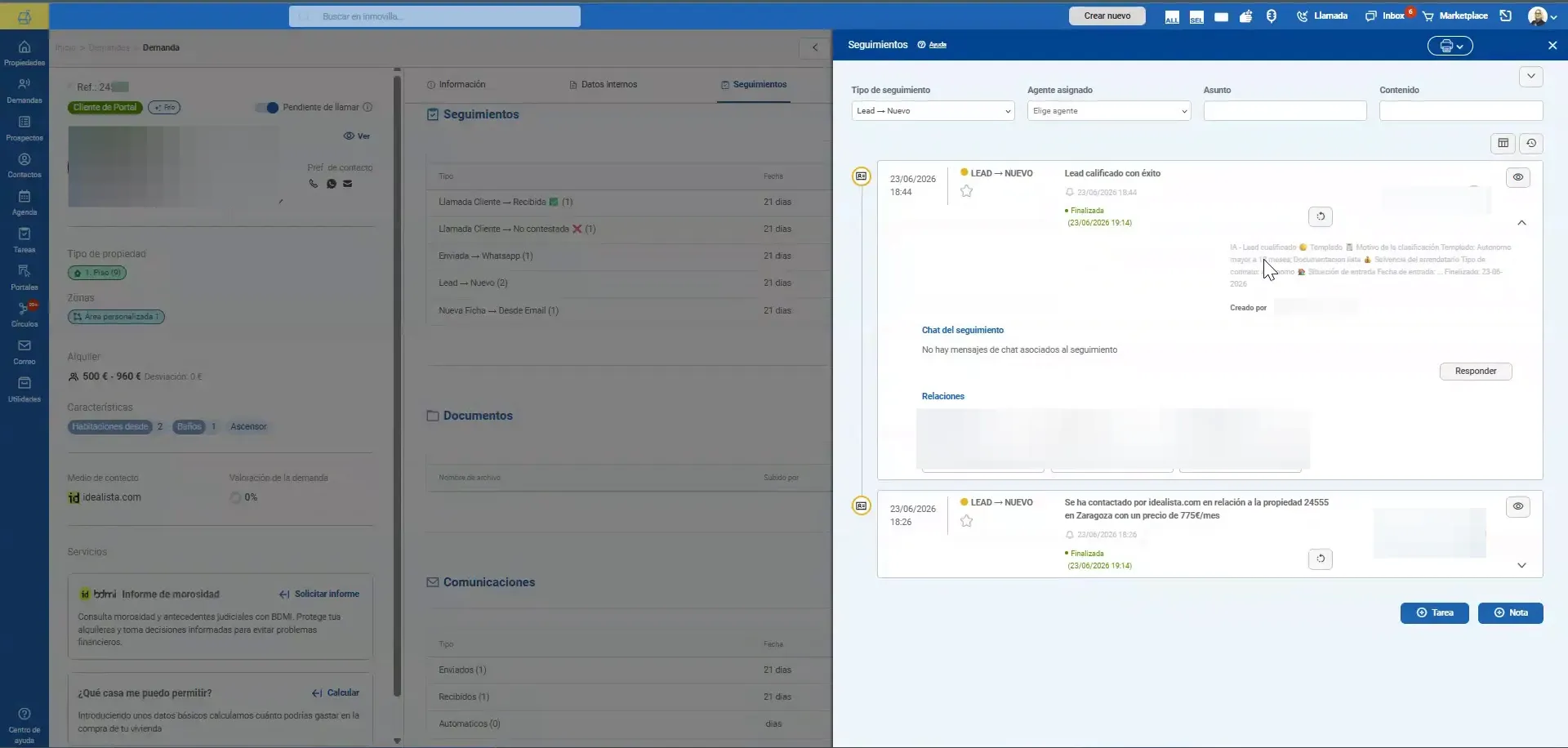 Inbox mostrando una conversación de lead con mensajes y panel de datos