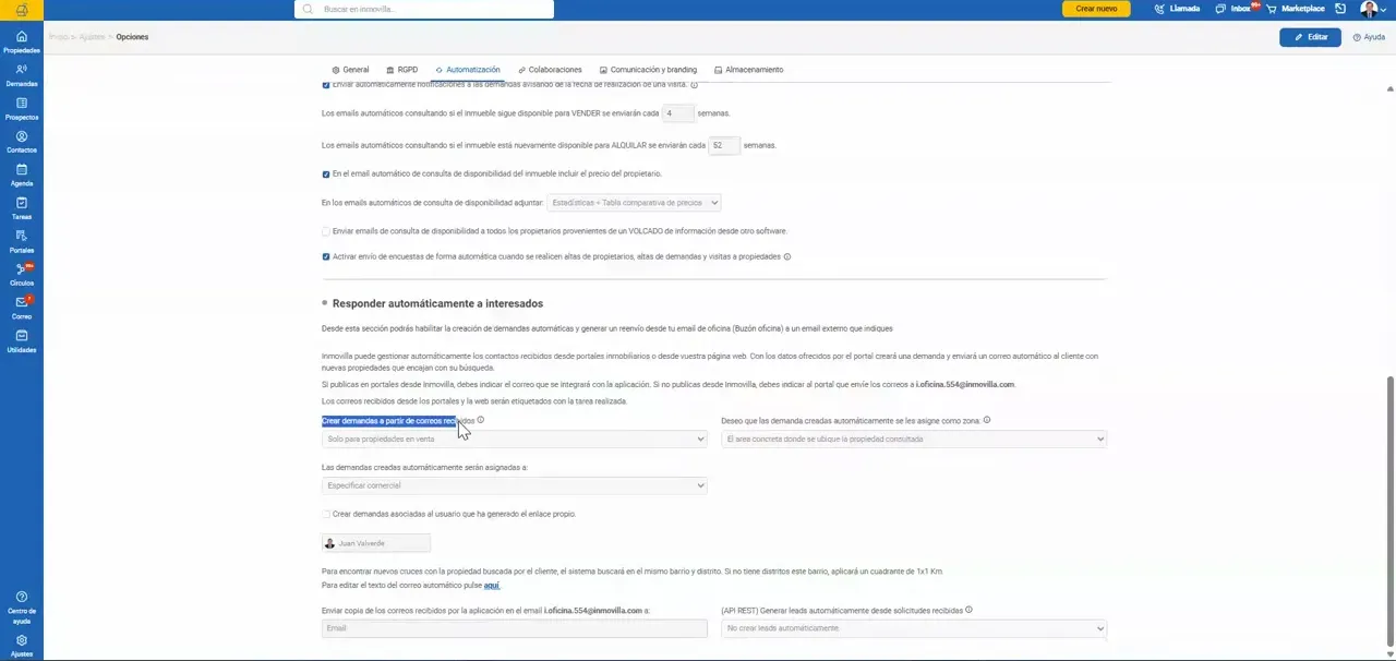 Pantalla de ajustes de automatización con opciones de respuesta automática