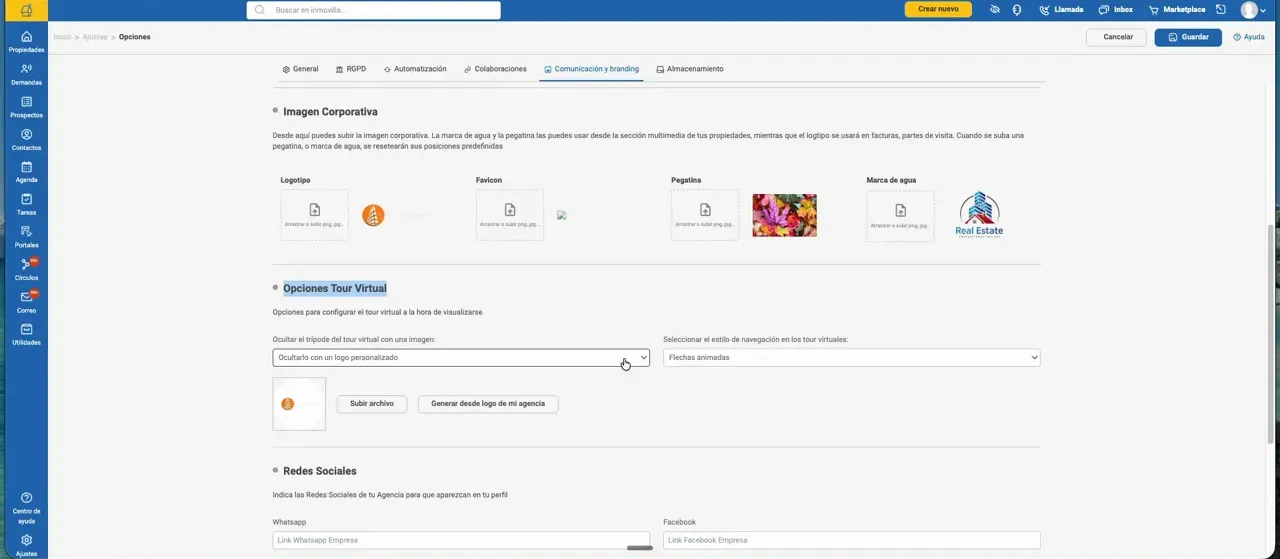 Menú desplegable de configuración de navegación para tour virtual