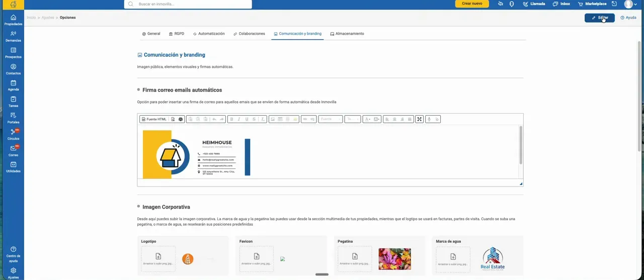 Editor de firma de correo con logotipo y herramientas de formato