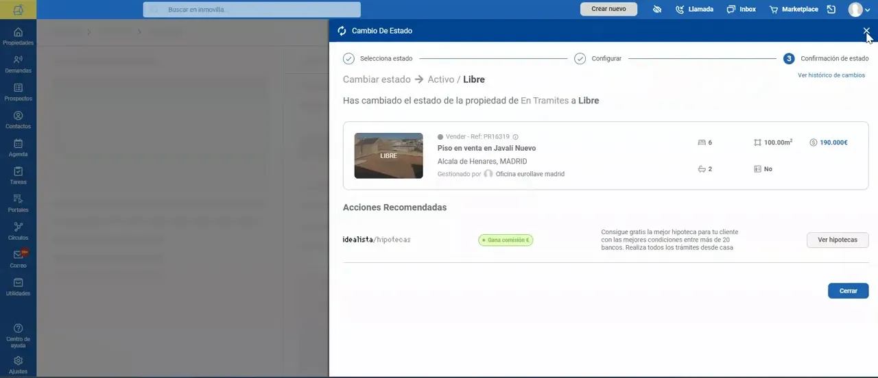 Pantalla de confirmación en Idealista con resumen del prospecto y acciones recomendadas tras el cambio de estado