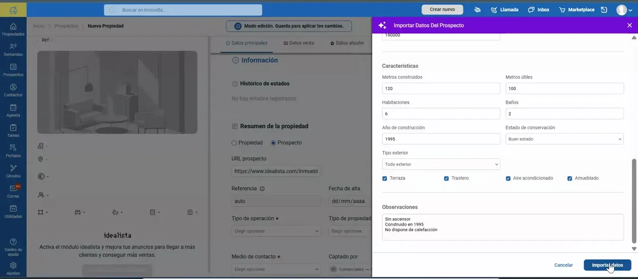 Pantalla de importación de datos del prospecto desde Idealista con campos propuestos