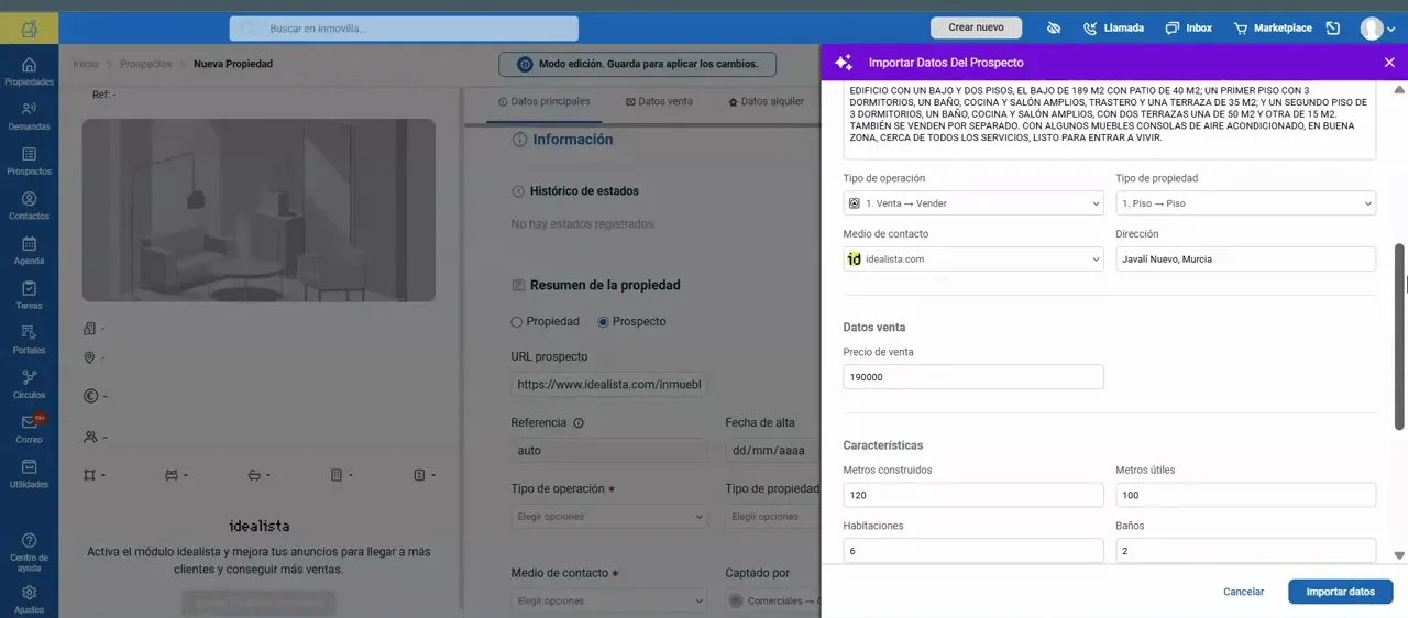 Pantalla de “Importar Datos del Prospecto” con datos principales y características detectadas de un anuncio de Idealista