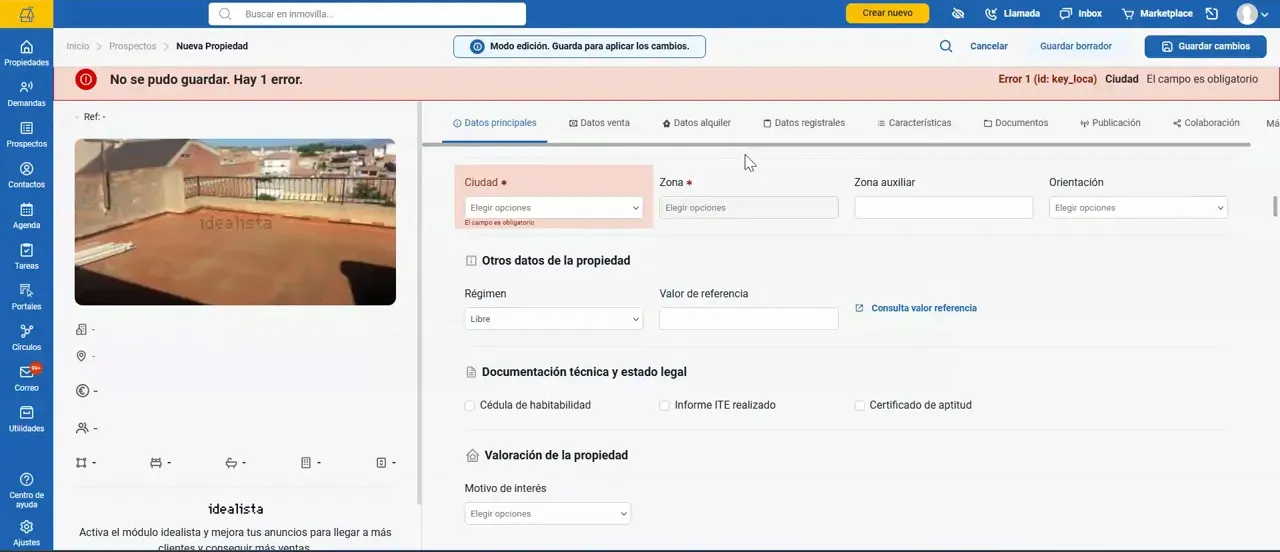 Error al guardar el prospecto por falta de ciudad: campos obligatorios ciudad y zona en rojo
