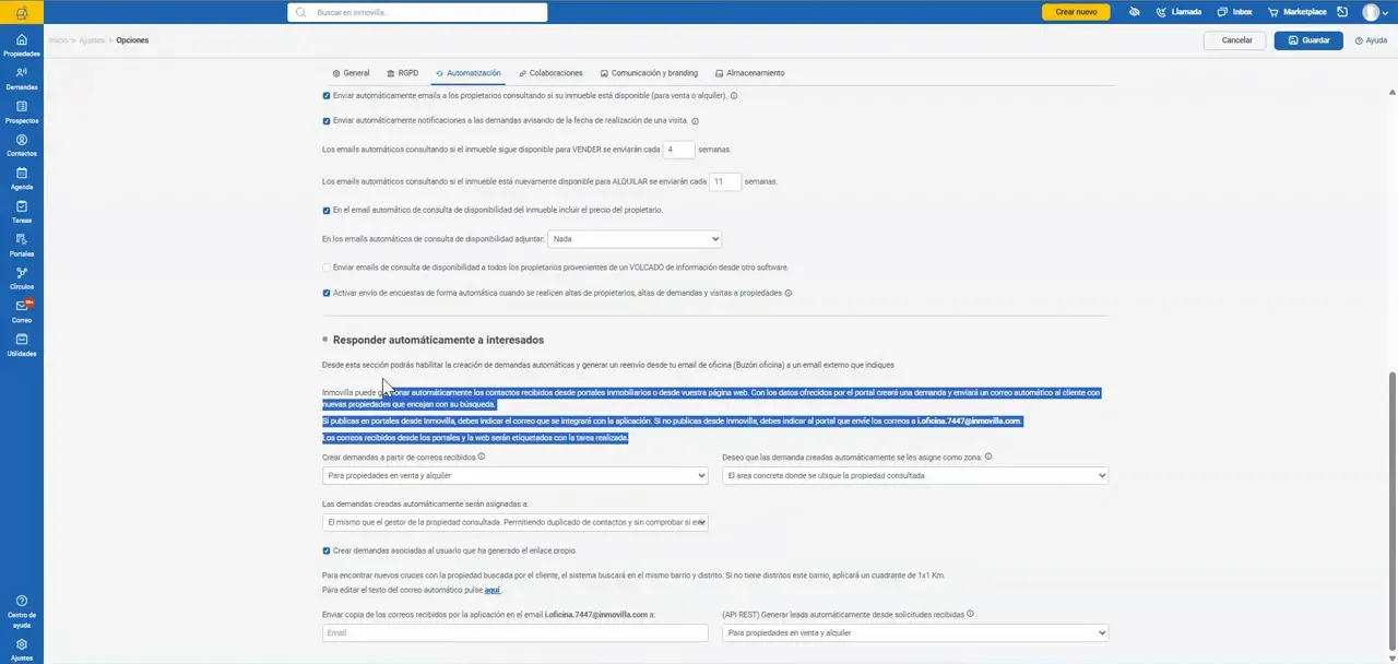 Formulario de automatización con opciones desplegables