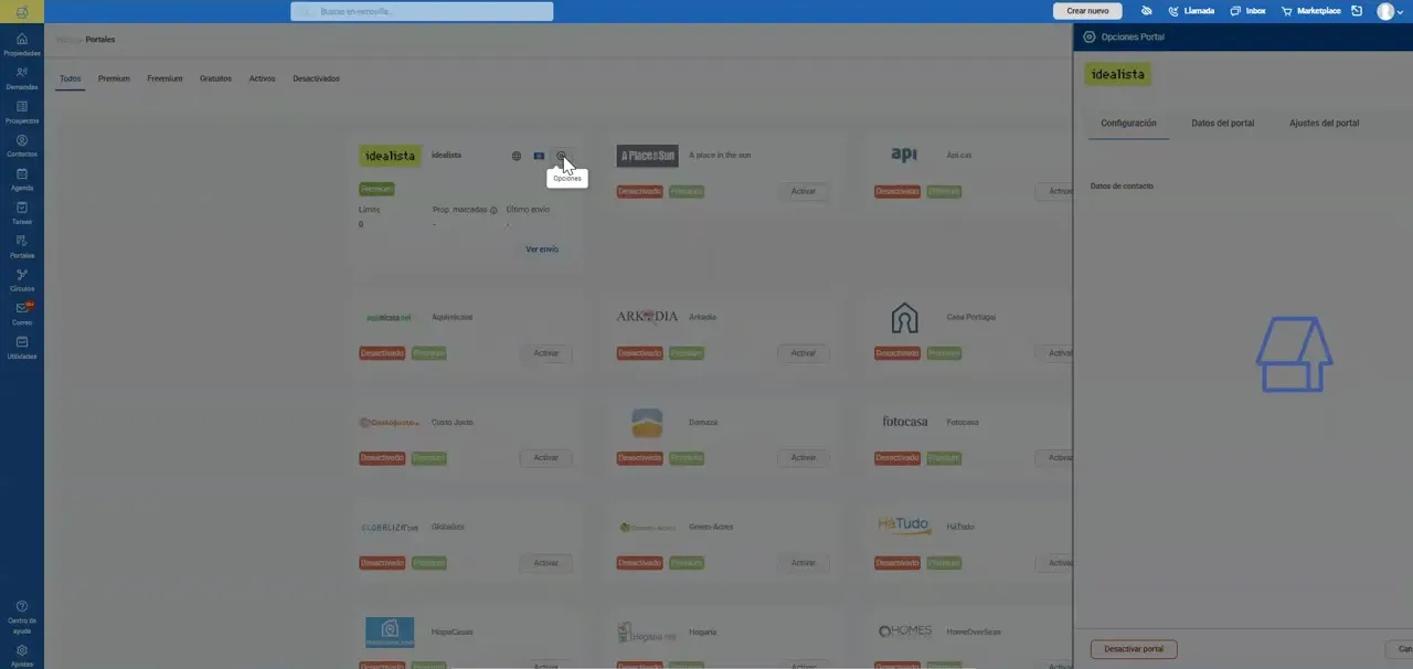 Panel lateral de opciones de un portal inmobiliario