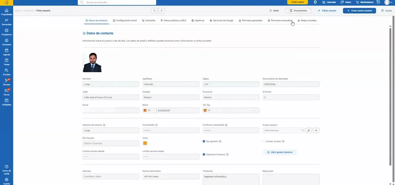 Pantalla de configuración de usuario con varios permisos y opciones avanzadas visibles