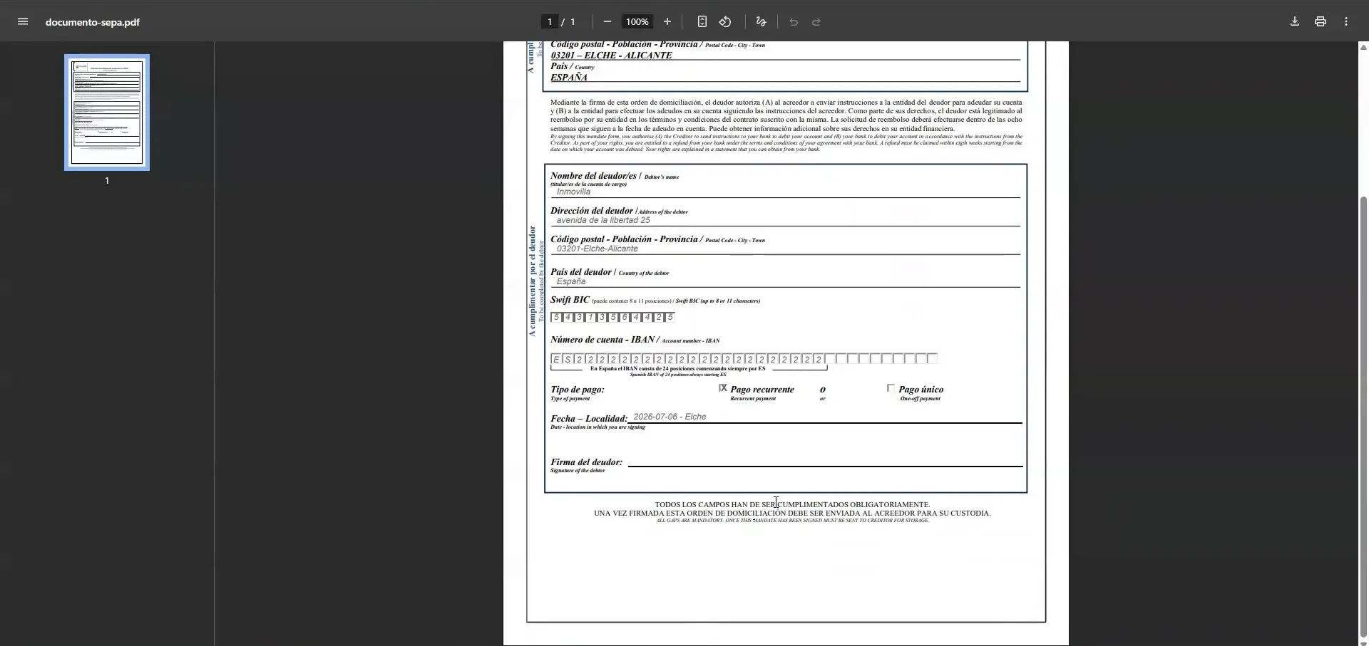 Documento PDF del mandato SEPA abierto en pantalla con los datos ya completados