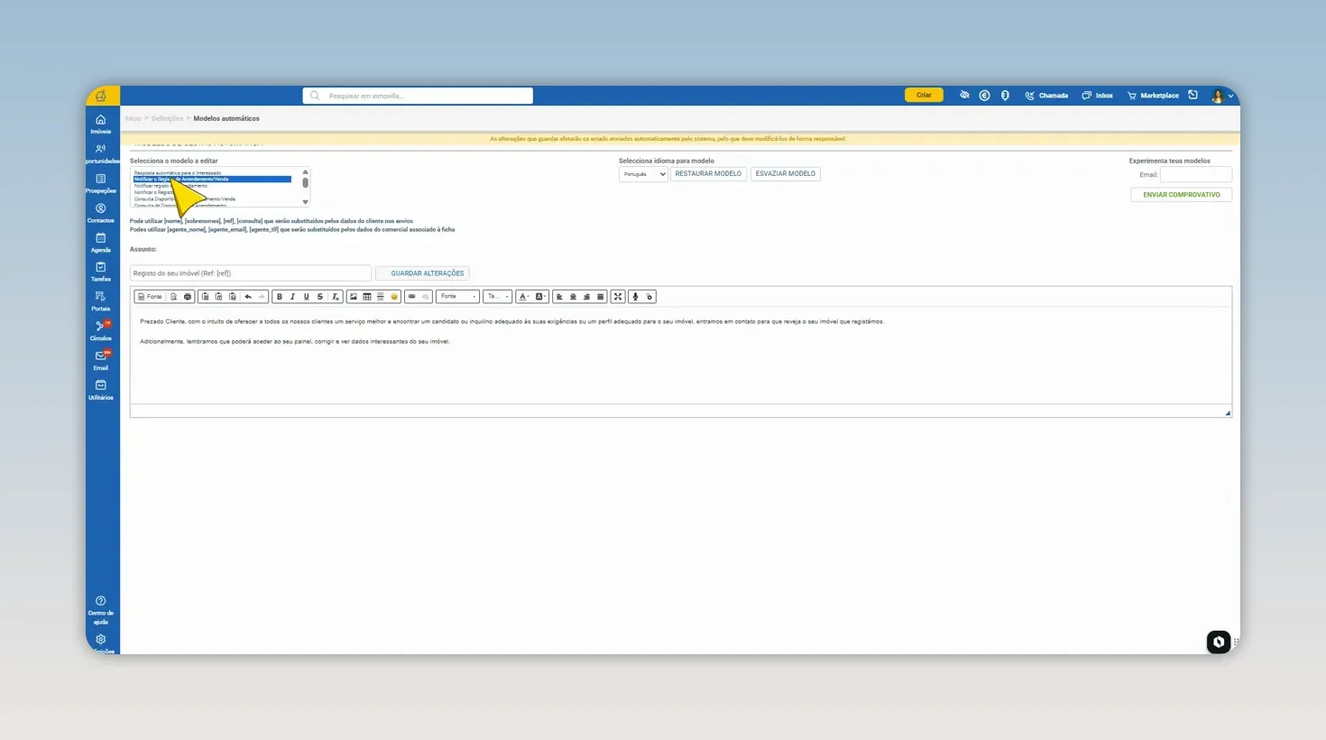 Editor de modelo automático de email com campo de assunto e área de texto