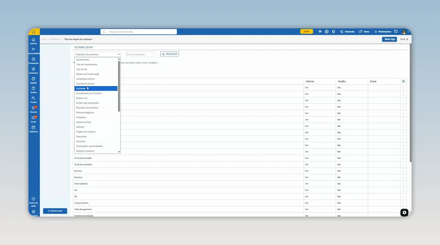 Lista de opções configuráveis aberta numa tabela do Imovilla