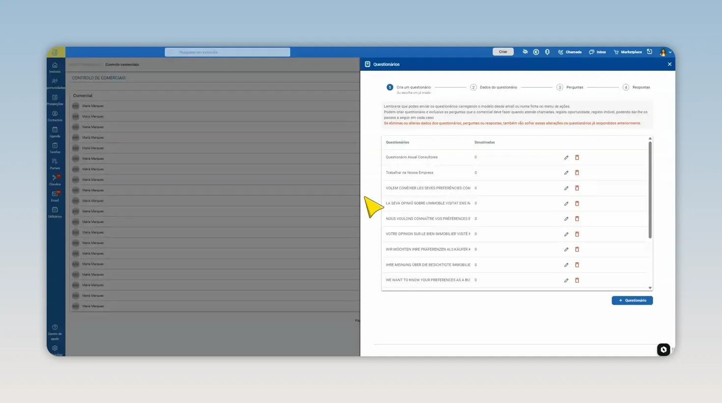 Janela de edição de funil com lista de etapas e ícones de ações