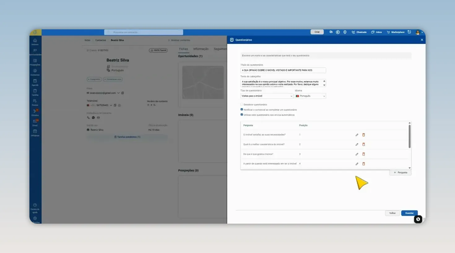 Janela do Inmovilla com lista de questionários e opções de configuração