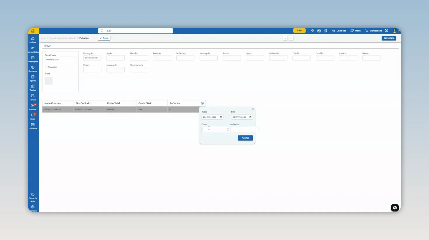 Janela de configuração de custo publicitário com campos de contrato