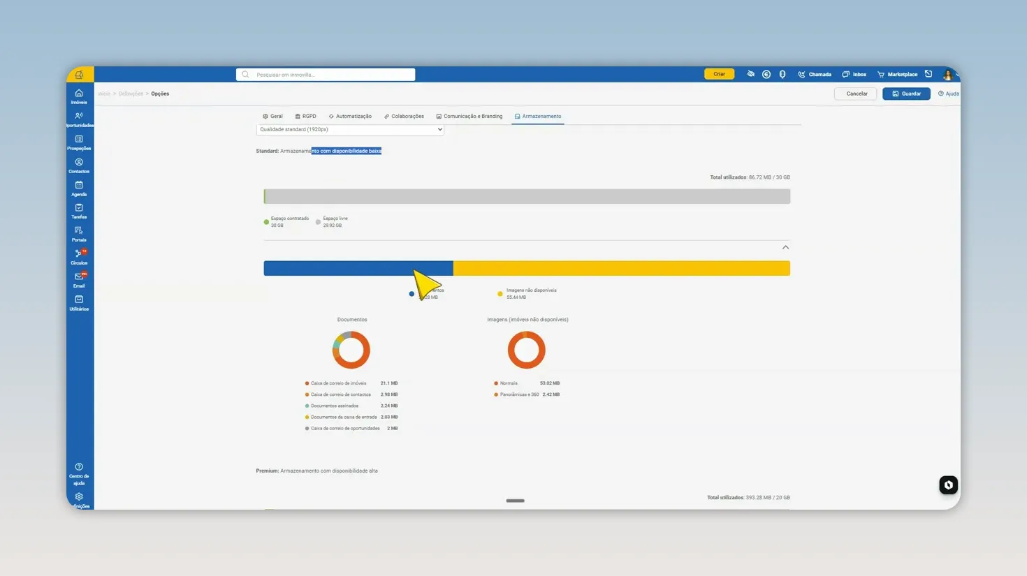 Painel de armazenamento do Imovilla com barras de capacidade e gráficos circulares por categoria
