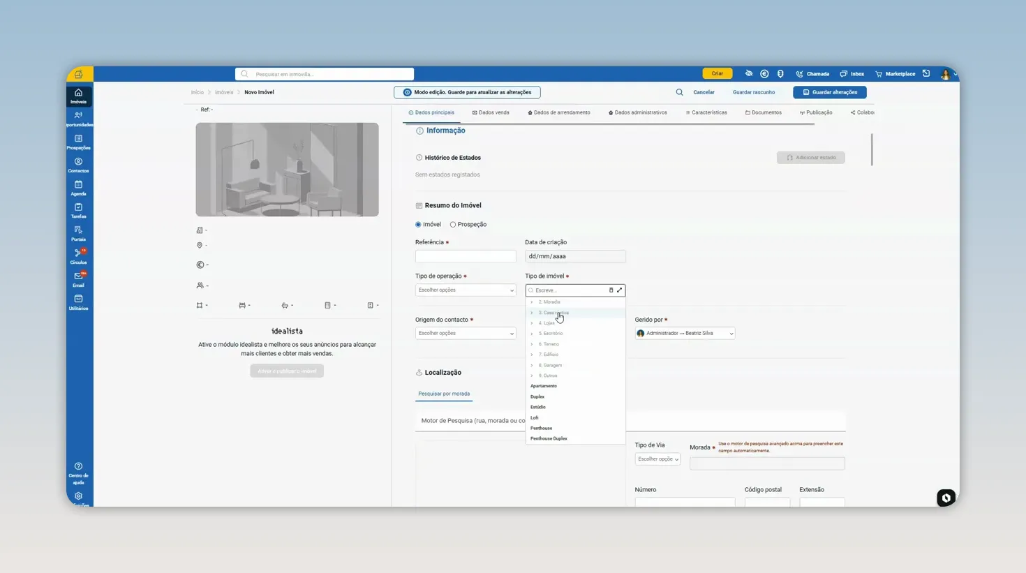 Ficha de imóvel com menu suspenso aberto para selecionar o tipo de imóvel