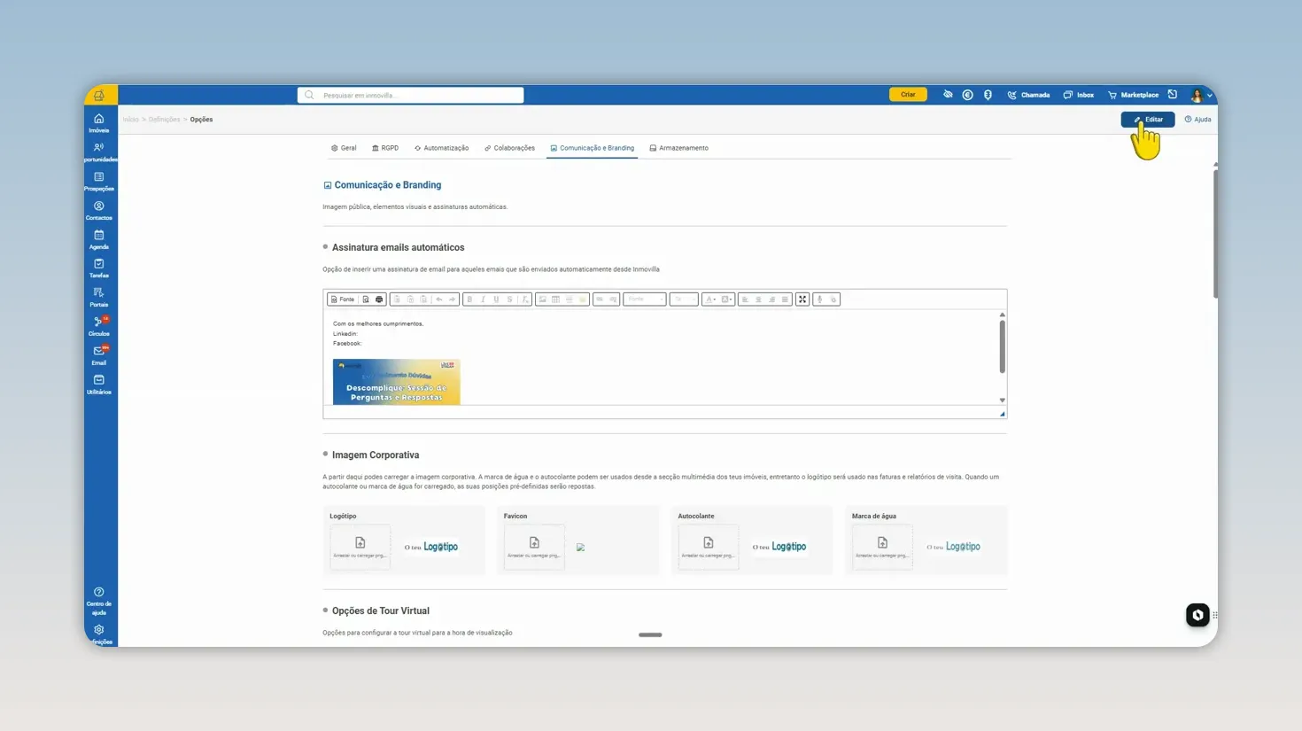 Editor de assinatura de e-mail no painel de comunicação e branding