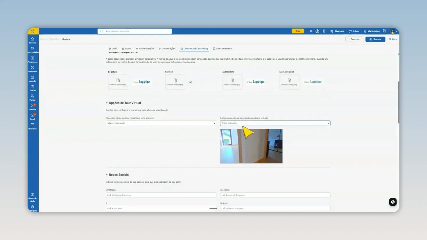 Pré-visualização de uma tour virtual com menu de opções aberto