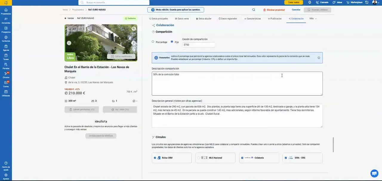 Sección de colaboración dentro de la ficha de propiedad
