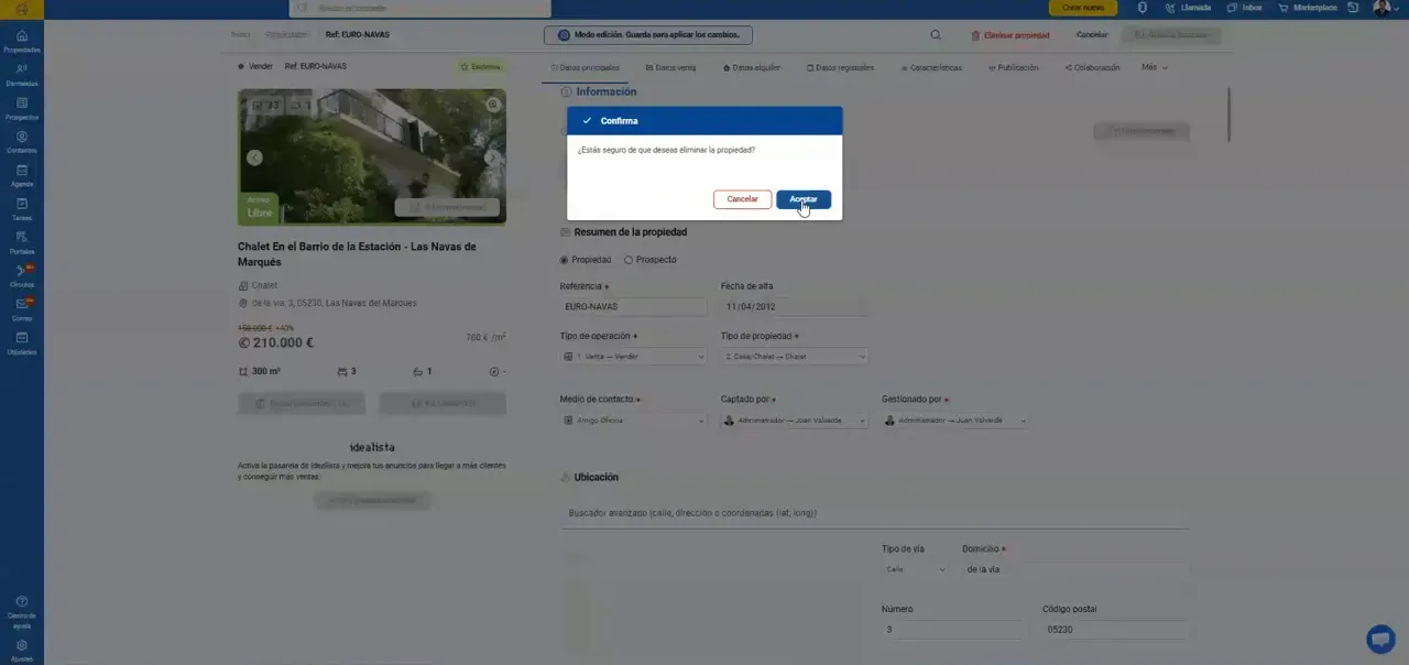 Nueva ventana de confirmación para eliminar la propiedad desde la ficha