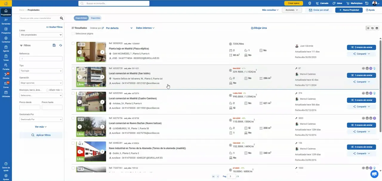 Listado de propiedades en la plataforma con varias fichas visibles
