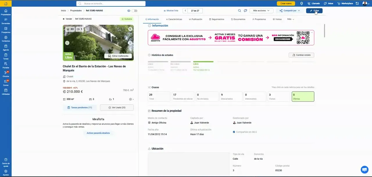 Ficha de una propiedad abierta con opciones de gestión en la parte superior