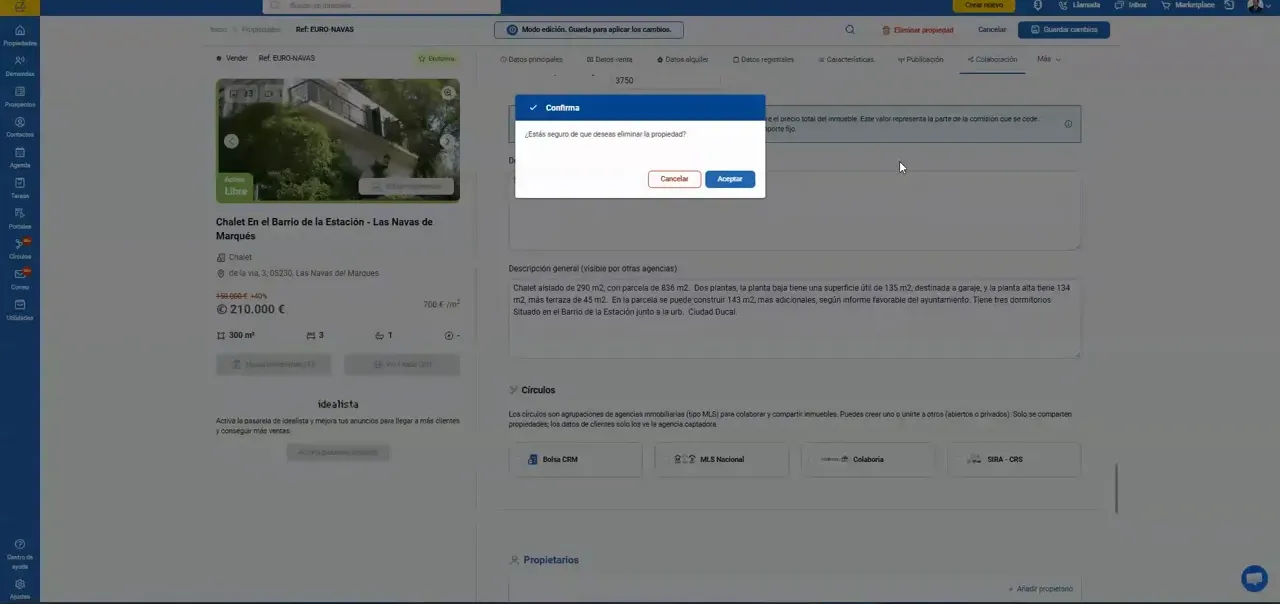Ventana emergente de guardado o confirmación tras modificar la ficha