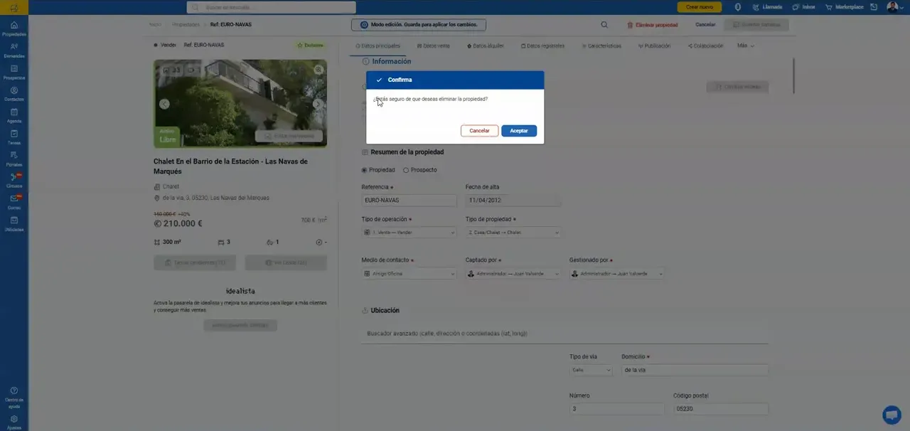 Ventana emergente de confirmación para eliminar una propiedad