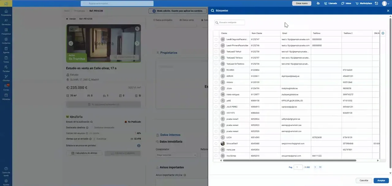 Ventana de búsqueda con listado de contactos para seleccionar un propietario existente