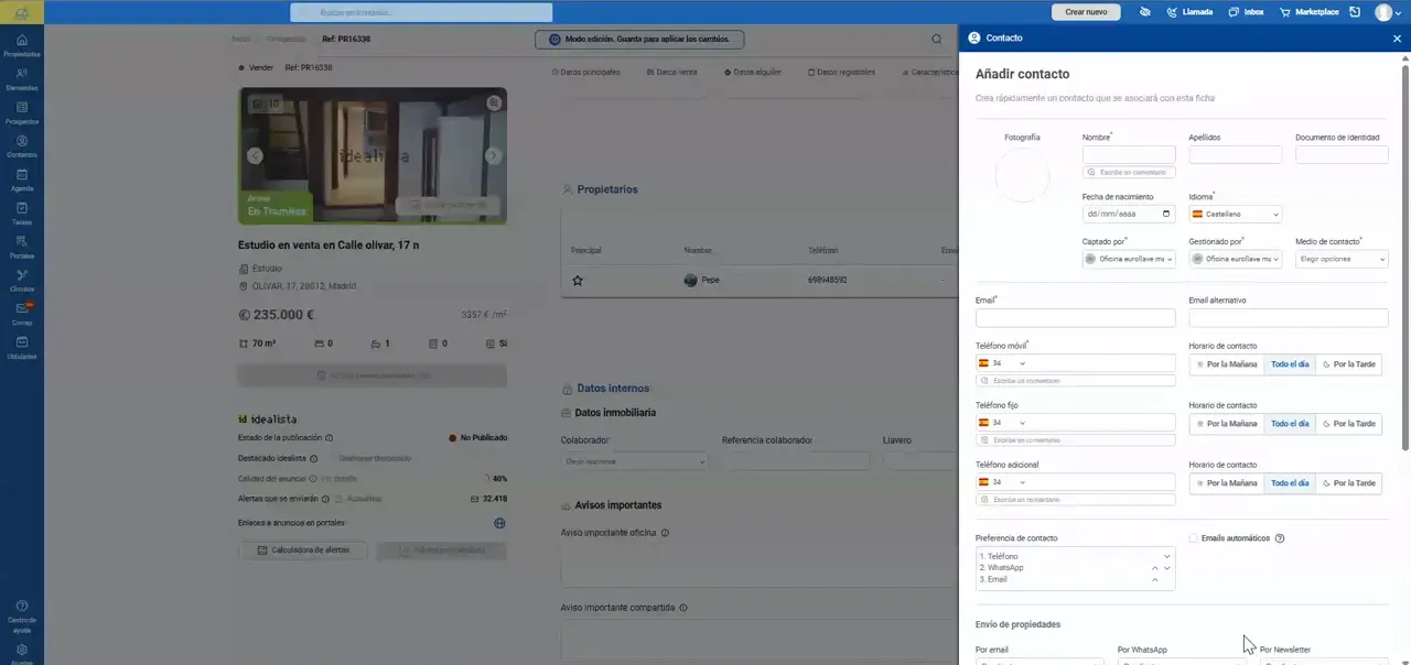 Panel lateral con formulario para crear un nuevo contacto propietario