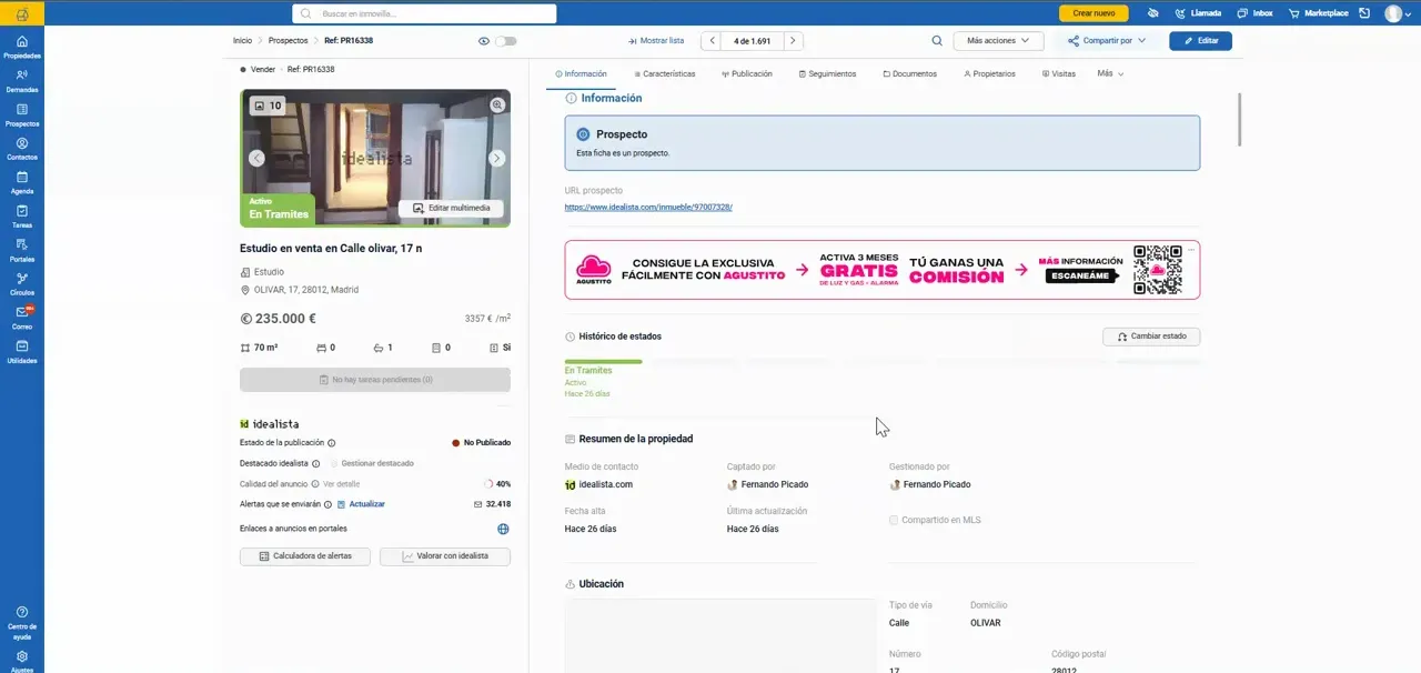 Ficha de una propiedad con foto, datos principales y pestañas de información