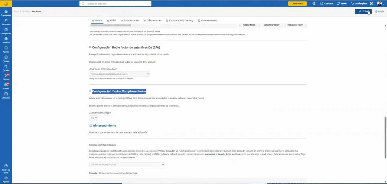 Pantalla de opciones generales con el apartado de configuración de textos complementarios