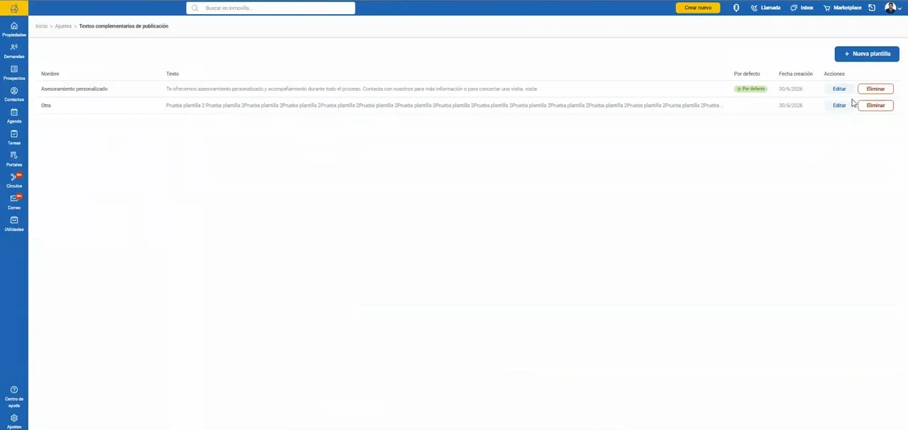 Listado de textos complementarios con varias plantillas y opciones de edición a la derecha