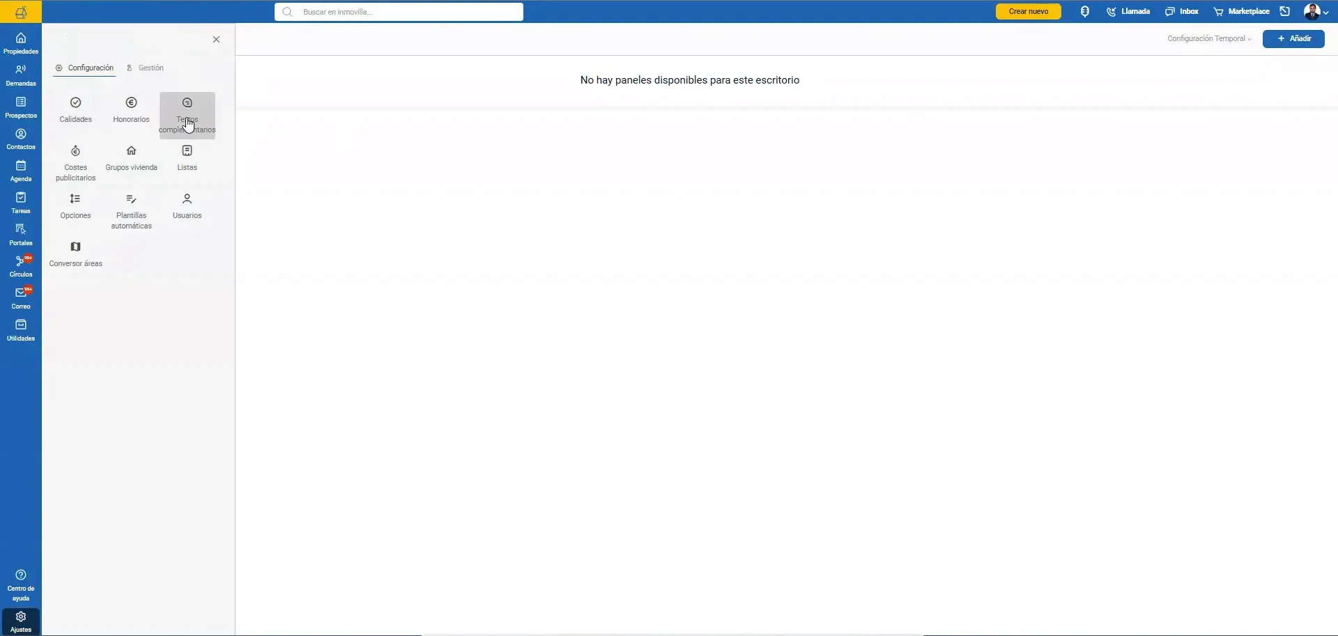 Pantalla de textos complementarios con una plantilla listada y acciones a la derecha
