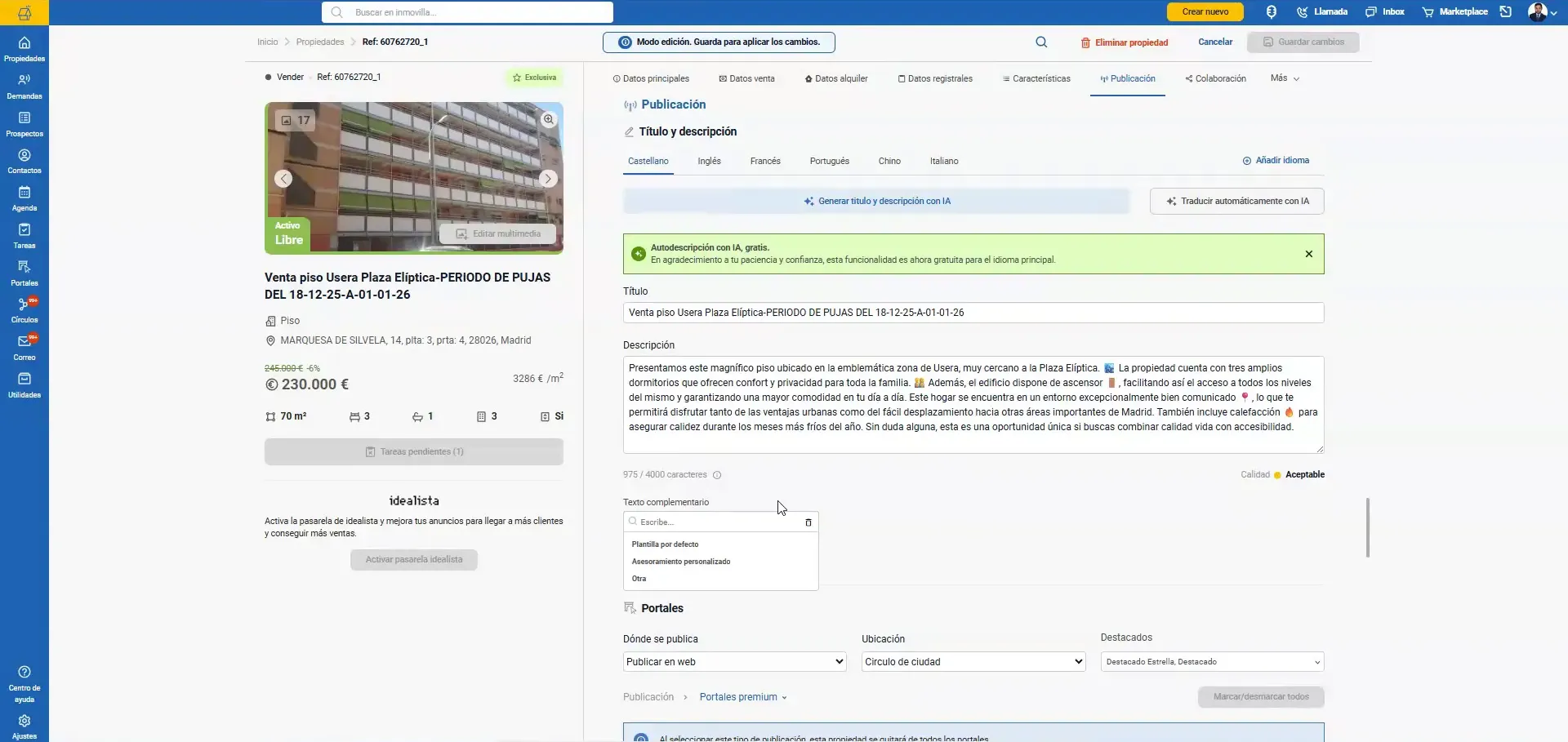 Ficha de una propiedad en la pestaña de publicación con un cuadro de texto descriptivo y contador
