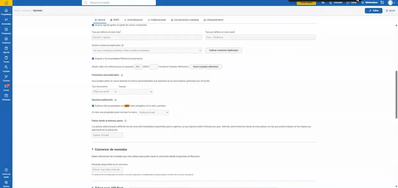Pantalla de opciones de publicación con campos de configuración