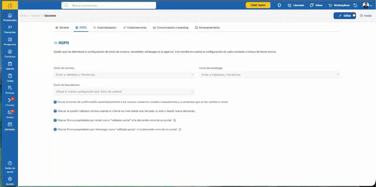 Pantalla de opciones RGPD de Inmovilla con configuraciones de envío