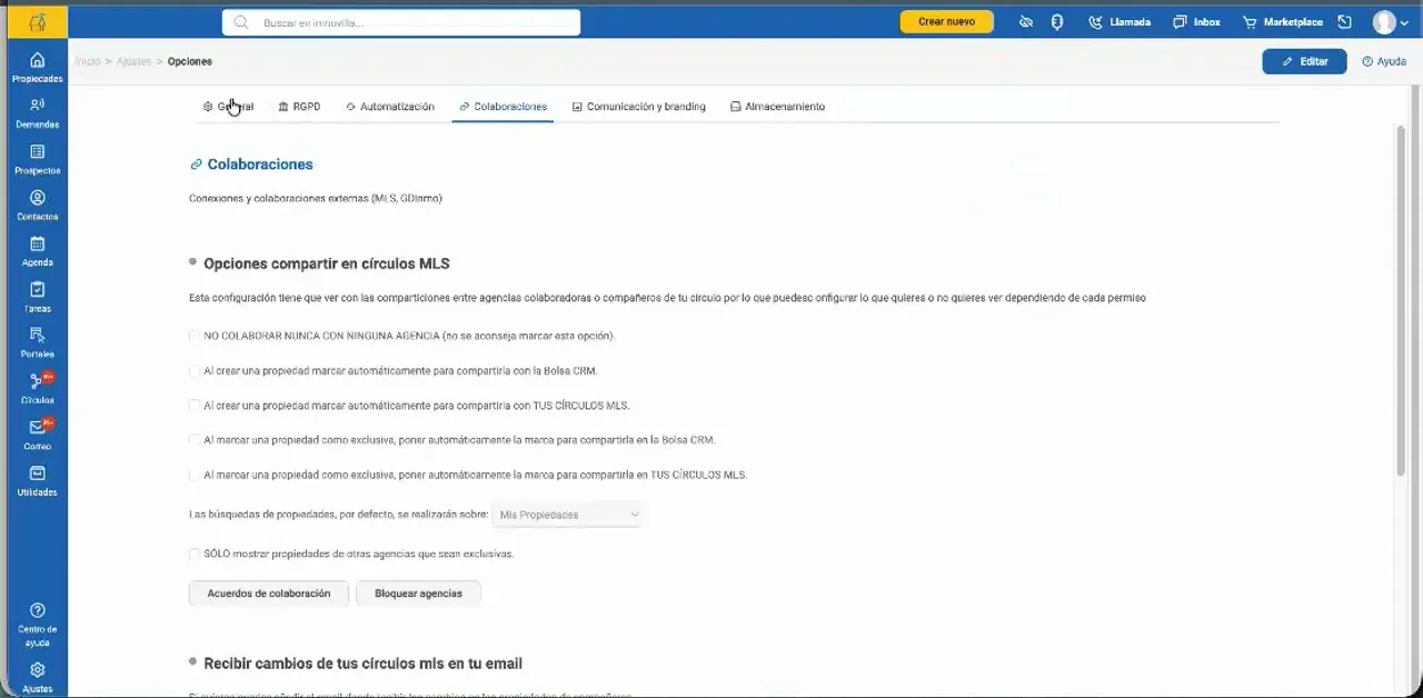 Pantalla de opciones de Inmovilla con la pestaña de colaboraciones seleccionada