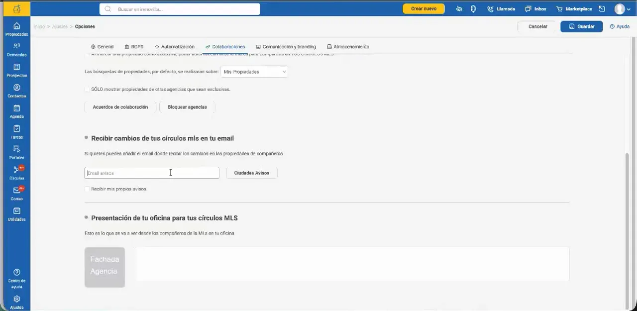 Formulario de avisos por correo electrónico de círculos MLS con opciones de ciudades