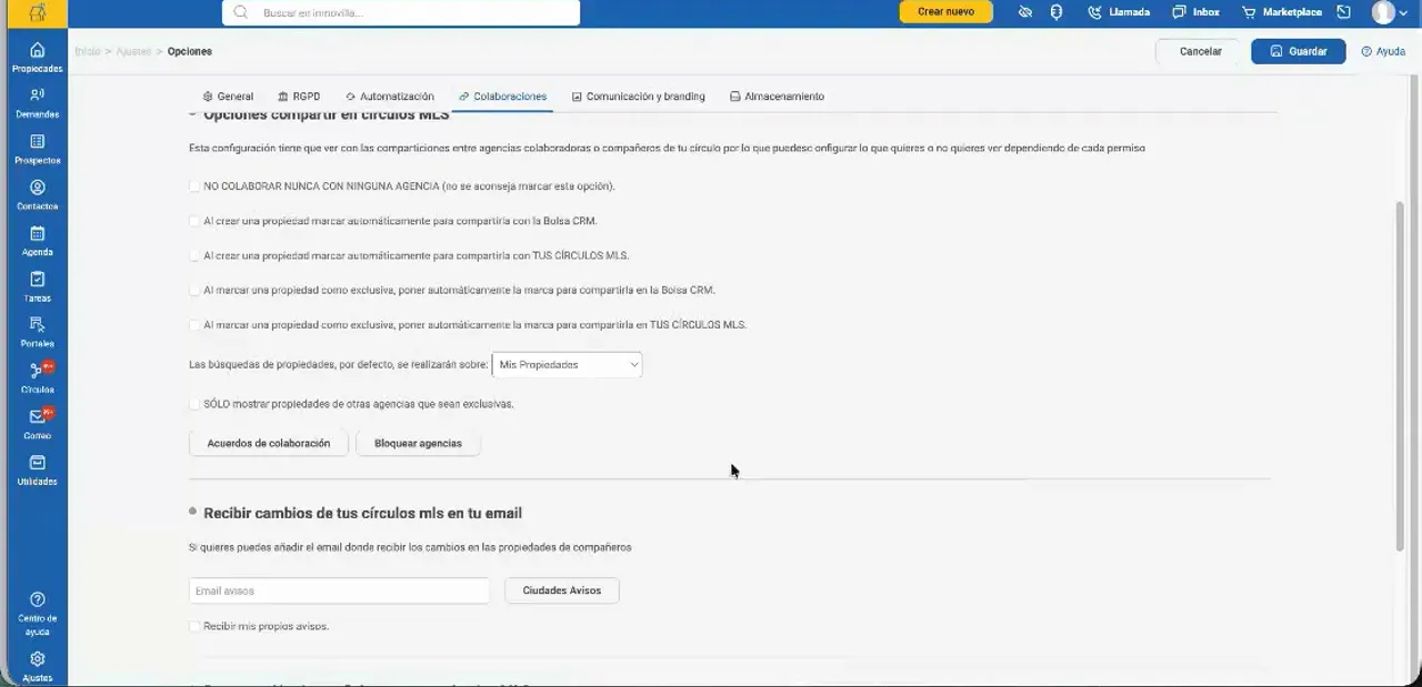 Opciones de colaboración de Inmovilla con permisos y accesos a acuerdos de colaboración
