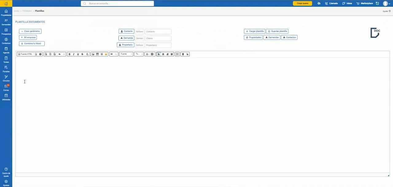 Editor de plantillas de documentos con área de texto y botones de gestión